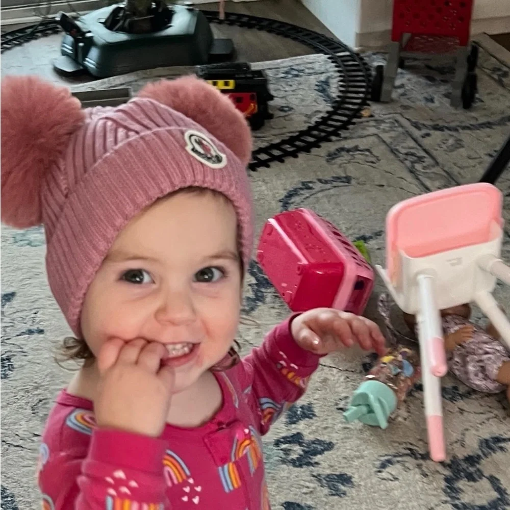 New Moncler Kids Beanie Hat with Two Pom Poms Pink One Size